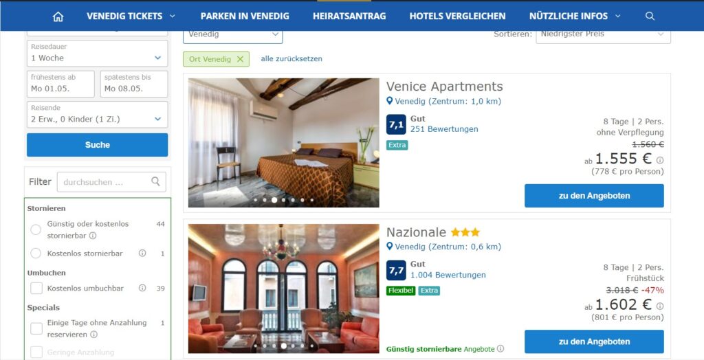 Welche Hotels kann man in Venedig empfehlen? Hotels und Unterkünfte in Venedig vergleichen